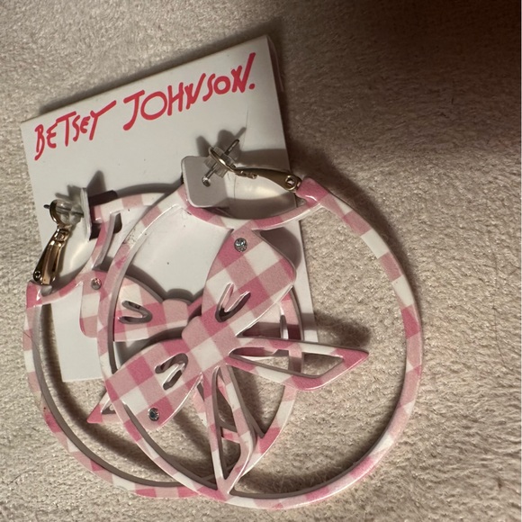 Betsy Johnson Pink & White Gingham Bow Delicate Rhinestones Hoop Earring NWT - Picture 7 of 10